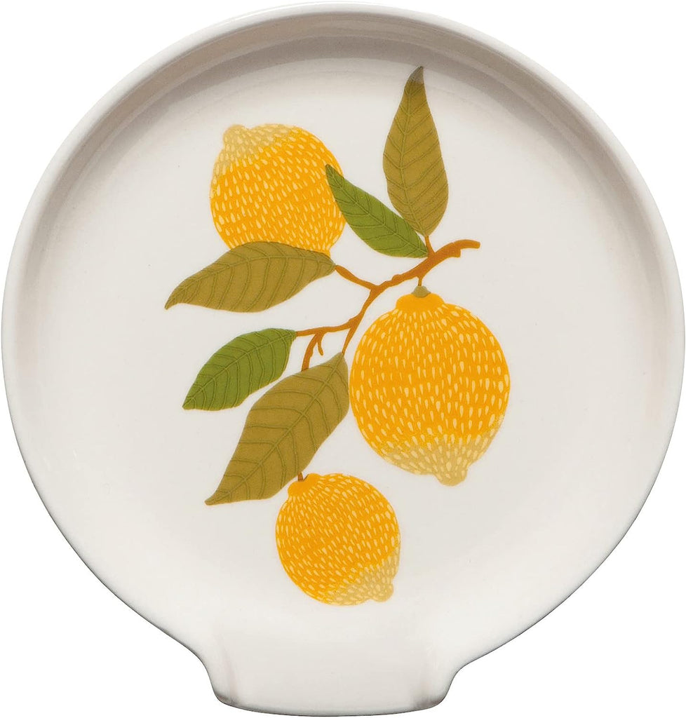 An attractive and convenient spot to rest multiple utensils while keeping your stovetop or counter free of drips or dribbles. Spoon rest featuring lemons on the vine livens up your kitchen workspace. Made of durable stoneware and brightly glazed for years of daily use. Dishwasher and microwave safe.