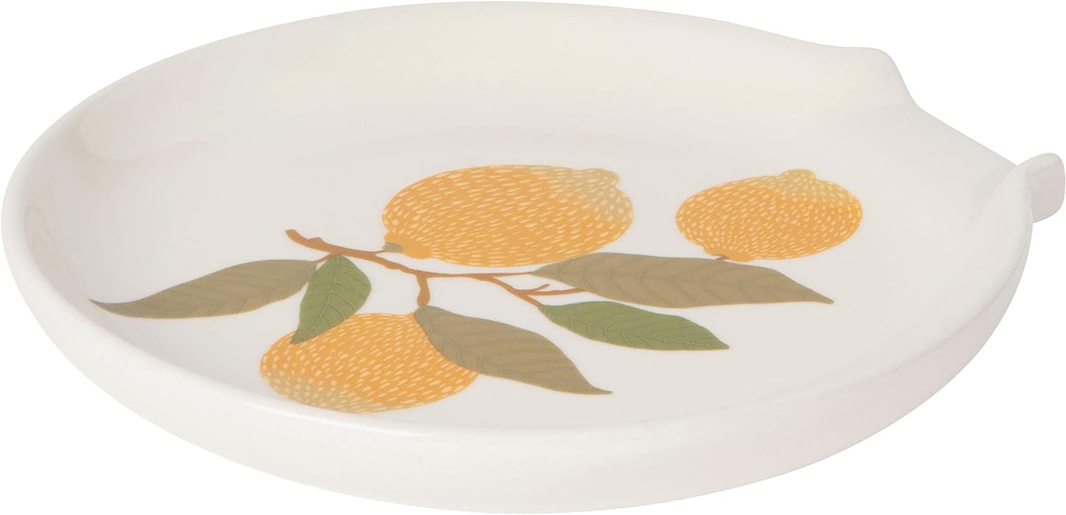An attractive and convenient spot to rest multiple utensils while keeping your stovetop or counter free of drips or dribbles. Spoon rest featuring lemons on the vine livens up your kitchen workspace. Made of durable stoneware and brightly glazed for years of daily use. Dishwasher and microwave safe.