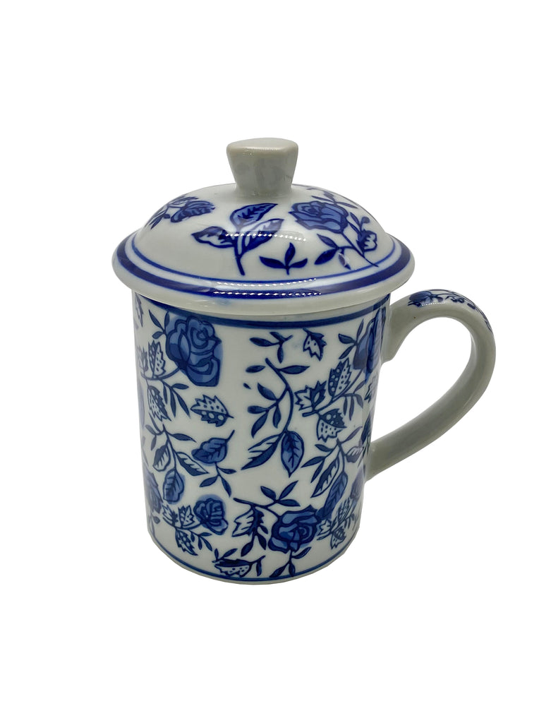Bring a welcome burst of blue and white patterns to your entertainment arsenal with this Chinoiserie mug. Beautifully Hand-painted porcelain each includes a removable lid and curvaceous handle. Holds 14 ounces Microwave/dishwasher safe Size:5" W x 3 3/4" D x 5 3/4" H with lid on.