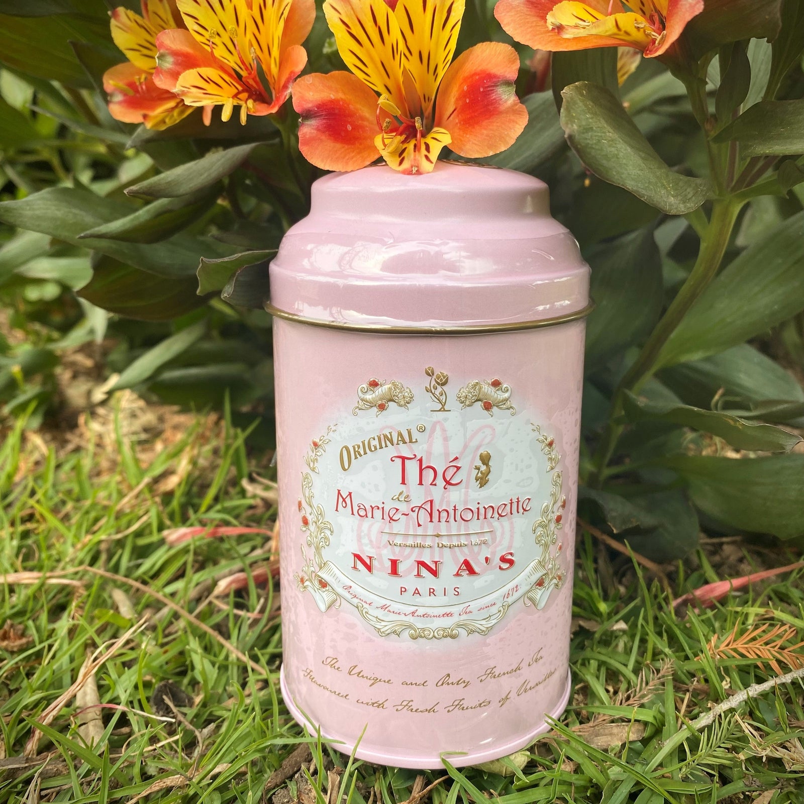 The famed Queen's tea is a blend of ceylon tea with rose petals and apples from the King's Kitchen Garden at Versailles. This loose-leaf tea comes packaged in a beautiful pink  tin that keeps the tea fresh.  Ingredients: Pure Ceylon Tea Leaves 93%, Tea Buds 3%, Rose Petals 2%, Flavor 2% France. 3.5oz.