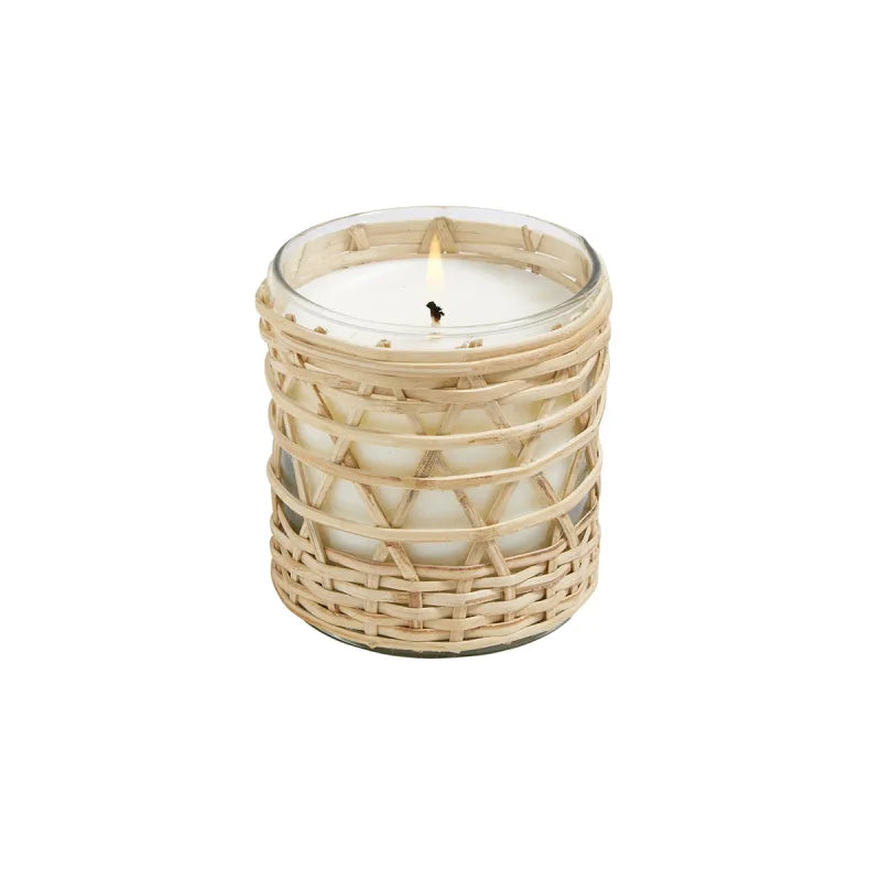 An outdoor citronella candle which keeps bugs away, smells good, and looks great! Made with essential oils of marigold and cedarwood This all-natural candle is housed in a glass jar with a hand-woven rattan cover. 45 hour burn time. Made in the USA.