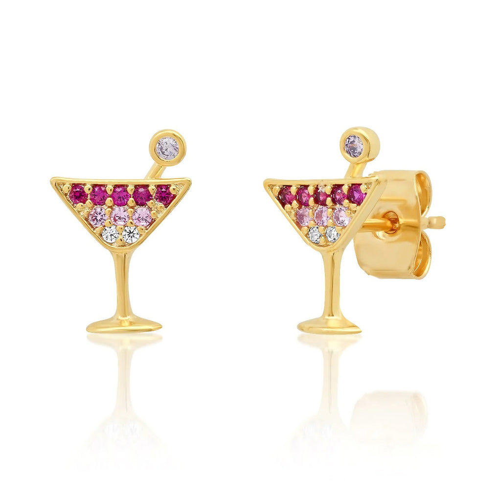 Shake things up with these adorable crystal studded martini glass earrings. These fun, delicate earrings are a fabulous way to stir up the conversation at your next party, Gold plated over brass Post fastening CZ crystal stones. Length: 1/4".
