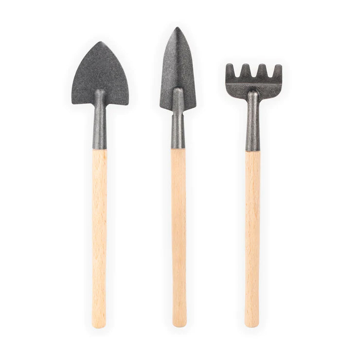 This set of three compact garden tools is perfect for indoor and small plant gardening. They take up minimal space and their stone wash finish and beechwood handles work with any decor! Set of three mini tools Tool size approx: 8" x 1.5"