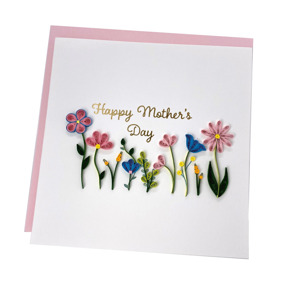 The Mother&#39;s Day Wildflowers Card is the perfect card to give to your mom on Mother&#39;s Day. This card features a variety of stunning quilled wildflowers, Above the design it reads, Happy Mother&#39;s Day in rose gold metallic lettering. Each quilled card is handmade by a skilled artisan and takes one hour to create. 6&quot;x6&quot;. 
