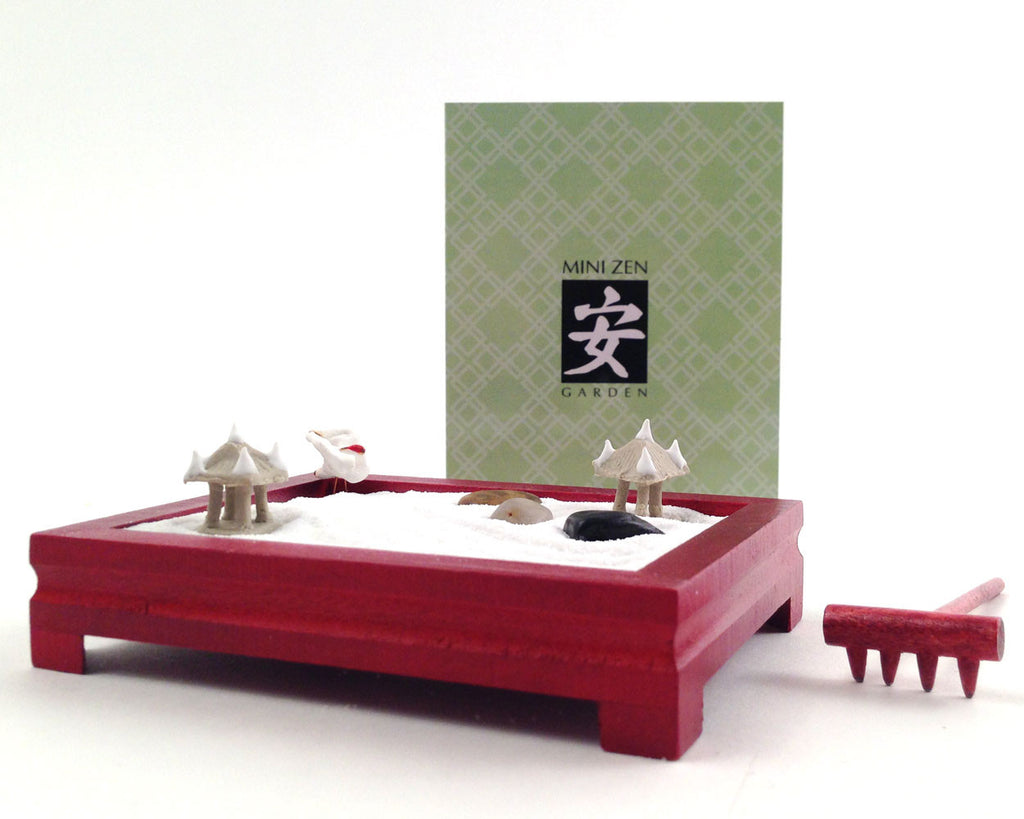 Get your zen on and rake your worries away! Escape the tensions of your day with this mini zen garden, small enough to always keep out on your desk. Box is approx. 4 1/4" x 4 1/4 and 1/4" deep. Kit includes: 4 x 3 x 3/4" wood tray, garden rake, bird and house figurines, polished stones, white sand, instructions.