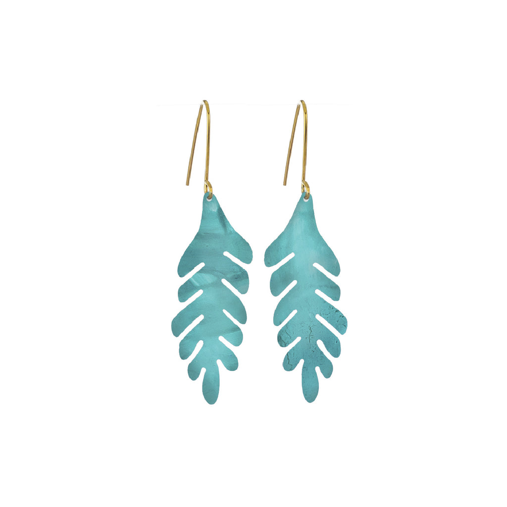 These pretty leaf dangle earrings are made of lightweight rolled bronze, and each pair are painstakingly patinaed by hand to give them their gorgeous antique turquoise finish. These look wonderful against crisp white linen and the hint of a summer tan. 100% bronze Length: 2.6" Handmade in Argentina.
