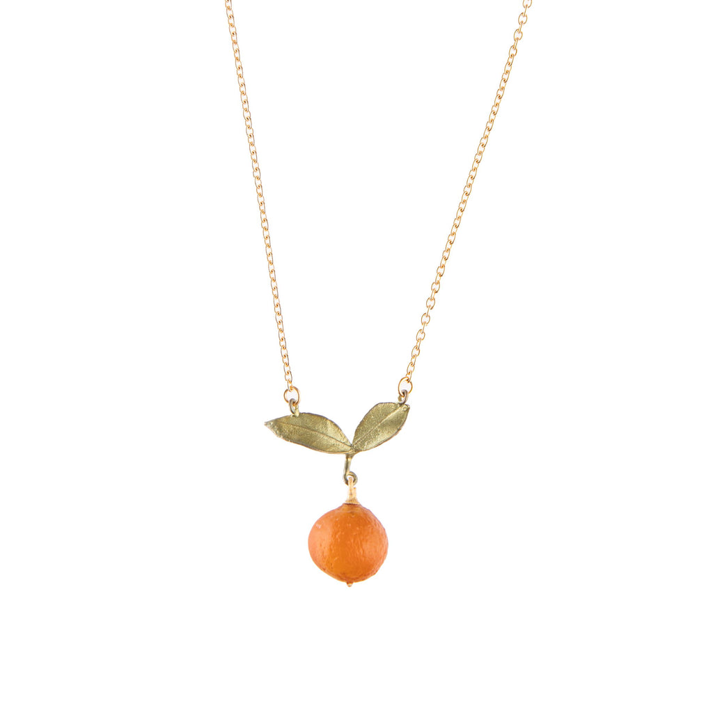 This Orange necklace was inspired by the V&A’s Green Dining Room, the world’s first museum café, and its fruit panels designed by William Morris & Co. in 1886. The Orange pendant is cast in hand patinated bronze, accented with a cast glass orange. Chain: 17" - 19" L (adjustable); Pendant: 1.2" L .