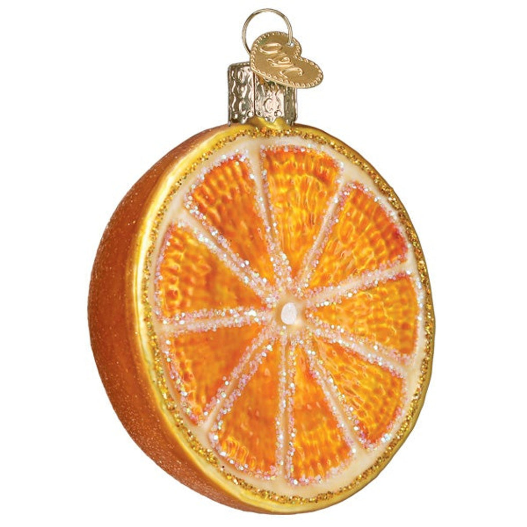 California is world famous for its abundant citrus groves which thrive in the areas warm climate.&nbsp; &nbsp; This detailed half-orange ornament celebrates this sunny fruit. &nbsp; Handcrafted: hand painted and glittered Mouth-blown glass Diameter approx 2.5", depth approx: 1.5".
