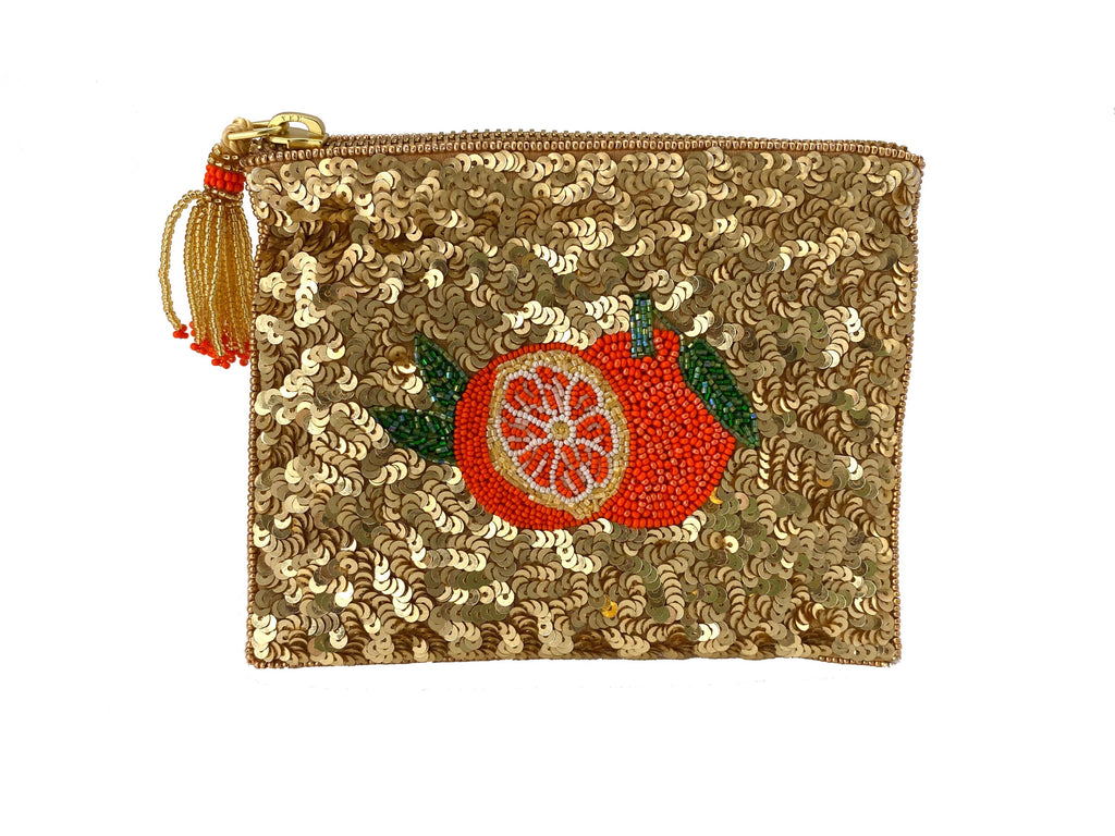 Add a little extra zest to your outfit with this beautiful beaded pouch. This pouch has a body of warm gold sequins, bordered with gold seed beads. In the center on both sides is a highly detailed beaded orange motif. The zipper closure is finished with an orange an gold beaded tassel pull. Size: 6" x 4.5".