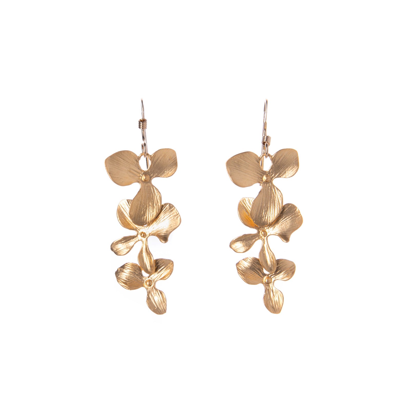 If you're hunting for pretty, striking, wearable earrings, look no further. These gorgeous earrings feature three, ever decreasing cascading gold orchids, and are lightweight enough that you can wear them comfortably, from day to night. 14K gold-filled French wire 16K matte gold dipped. 1 3/4". Handmade in California.