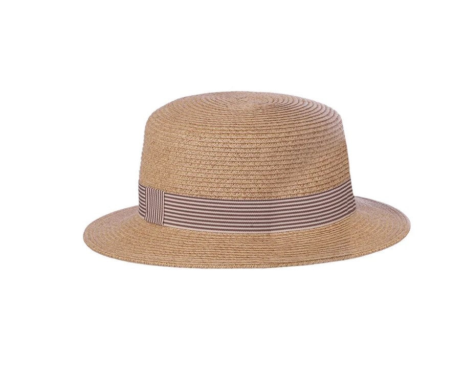 Casual interpretation of a Classic Boater. This lightweight, paper straw woven hat is packable— you can throw it into your handbag, backpack or suitcase and it will spring back into shape when you take it out. Features a black and ivory stripe grosgrain ribbon hat band. Unisex - adjustable size inner drawstring.