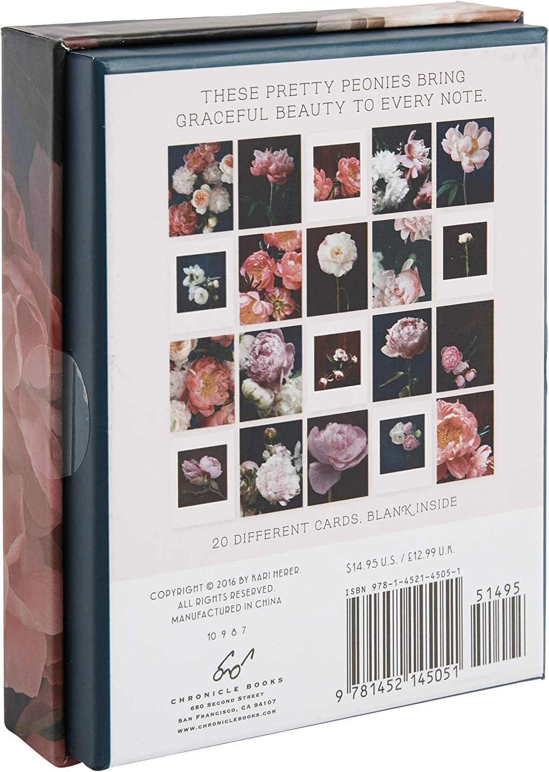 The perennially popular peony is a timeless symbol of good fortune, prosperity, and romance. Each notecard in this box of twenty features a gorgeous photograph of the beloved bloom, perfect for expressing well-wishes at any occasion. Box of 20 blank notecards