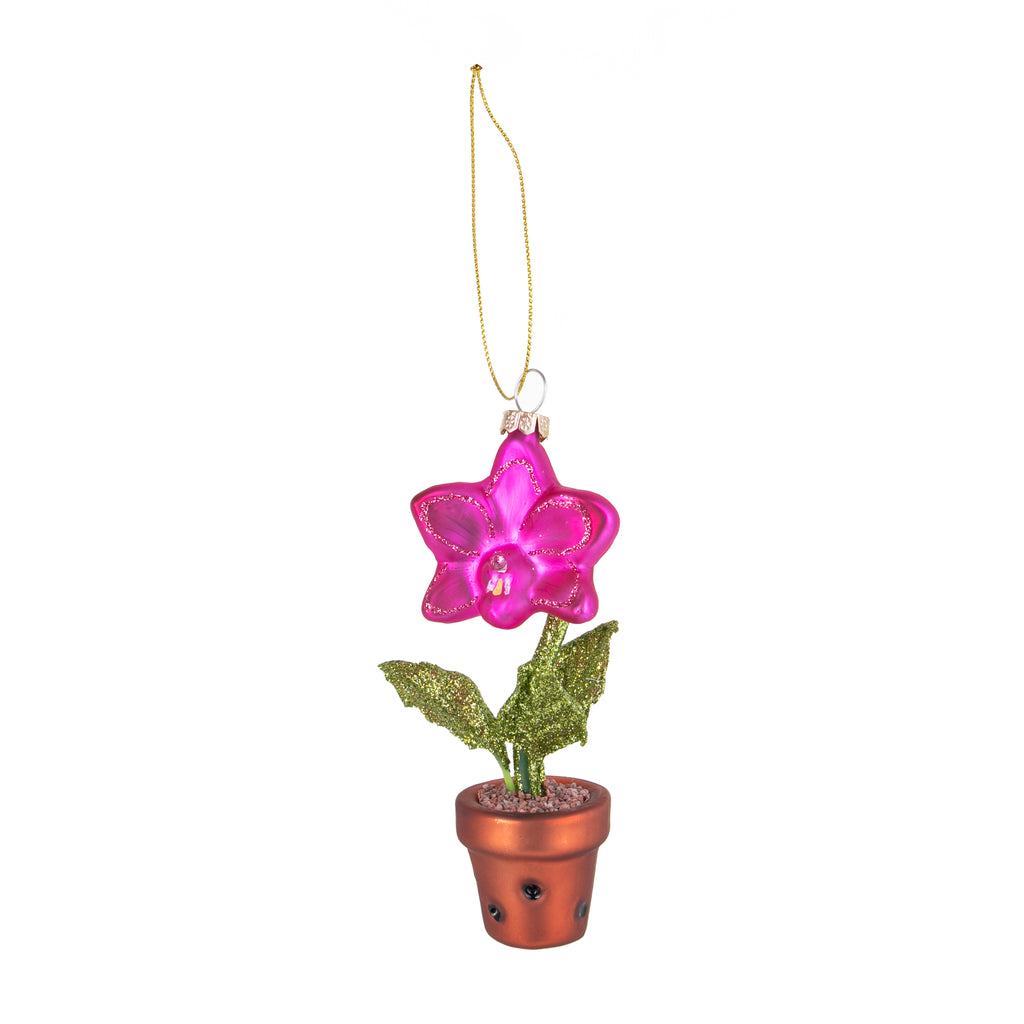 If you adore orchids but struggle to keep them alive - here's your answer! This pretty potted orchid ornament needs no special care and attention and will continue to bloom year-round. Glass ornament. Size 5" x 2".