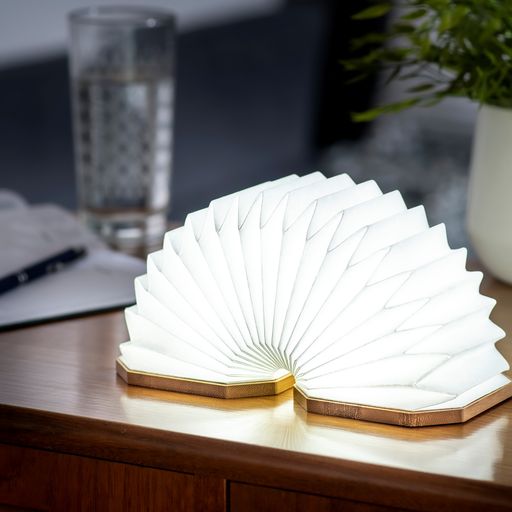 This foldable Accordion Lamp is a fun and unique way to illuminate any space. It opens into one of three shapes, and folds flat when not in use. Water-resistant Tyvek® fabric.  Magnets in the covers keep it open or closed Opens into 3 positions: rectangle (accordion), 360° circle or 180° arch Two lighting options. 