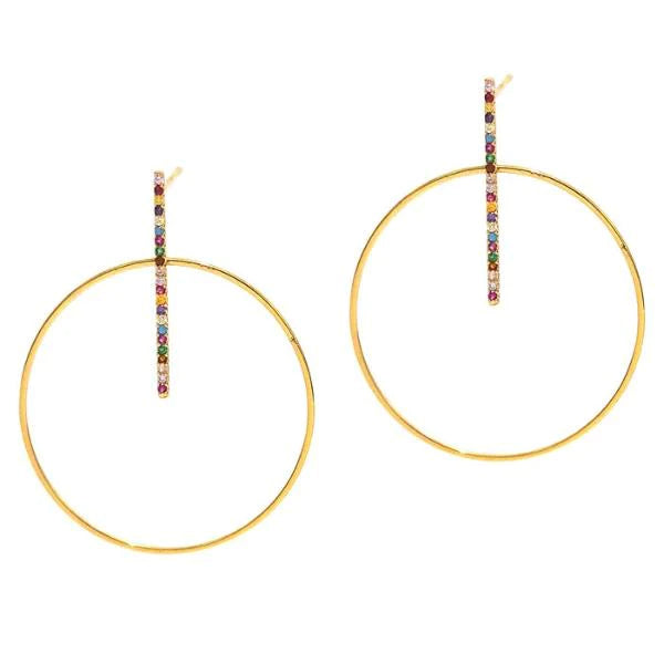 Simple gold hoop earrings are elevated with a bar of sparkling rainbow crystals. Both the hoop and bar are elegantly fine and have a weightless feel when wearing. Gold plating over brass Colored CZ stone accents Earring diameter: 1.3/8" Post fastening.