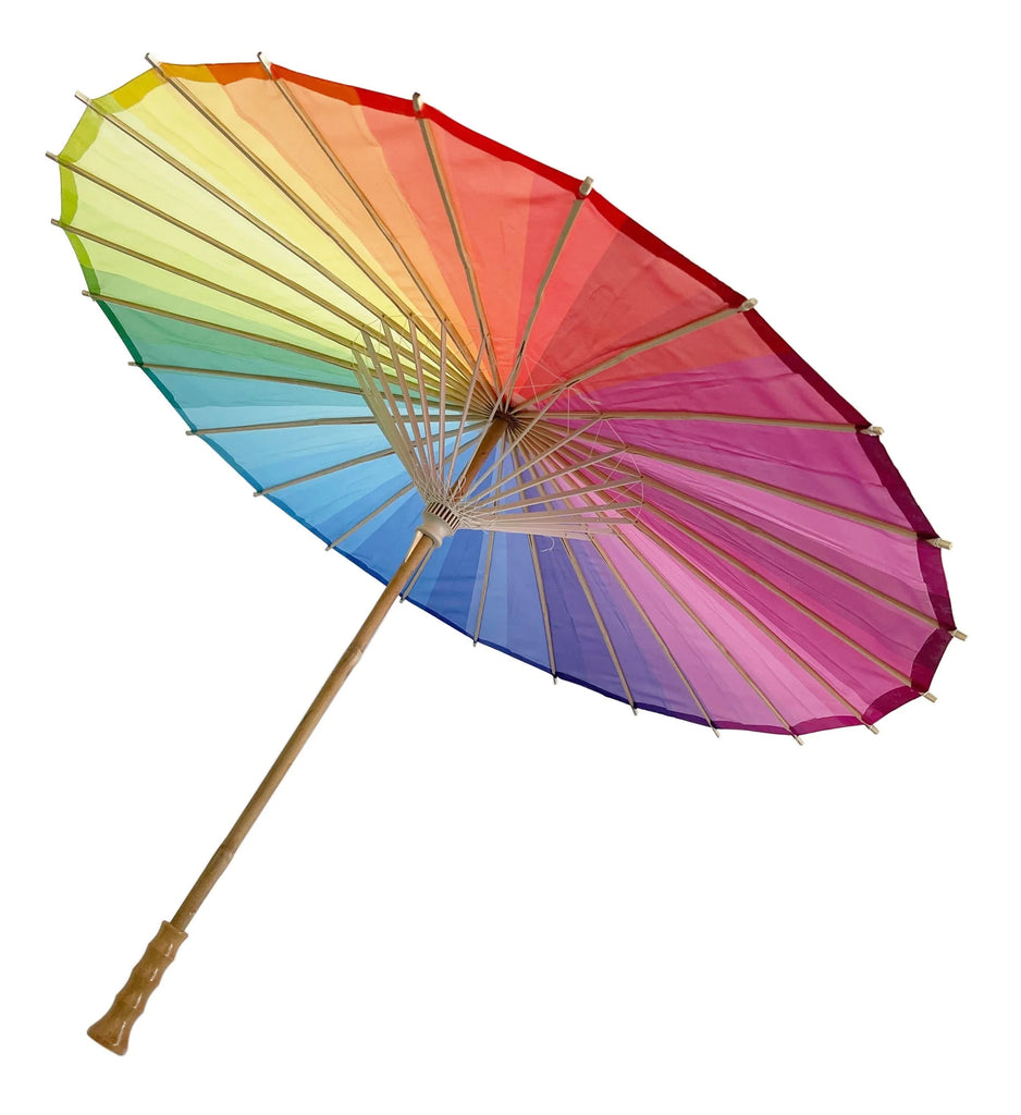 Nylon parasols, also known as nylon or paper umbrellas aren't just great to help block the sun and provide shade but also offer a beautiful and fun way to dress up any wedding reception, birthday party, baby shower or special event space.  Diameter: 32" D Length, Top to Bottom: 25.5" L Materials: nylon, bamboo.
