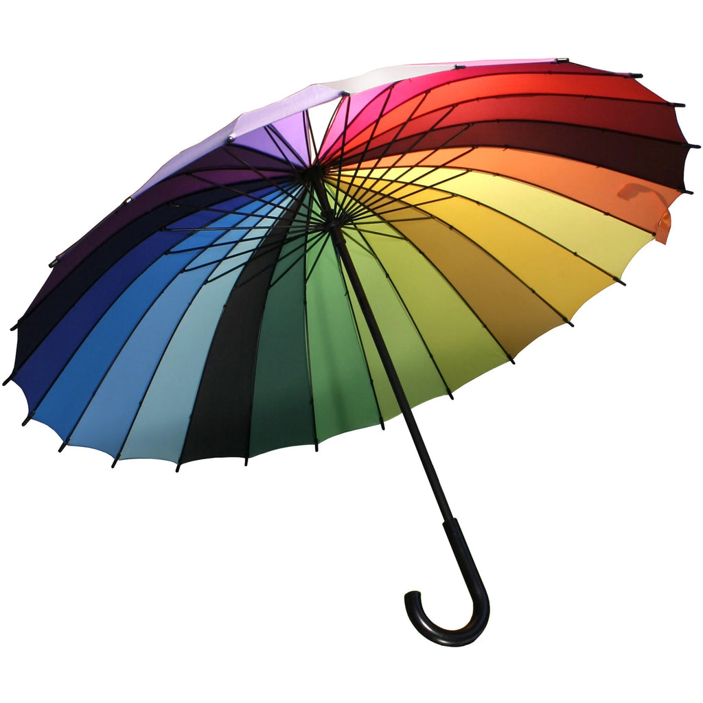 Add a rainbow of color to a rainy day with this delightful full sized 24 rib color spectrum umbrella. Rainbow Umbrella Features: Material: Polyester, Wood, Metal Packaging: Hangtag & PP Bag Size: 31.5”L x 38.5” Dia Open