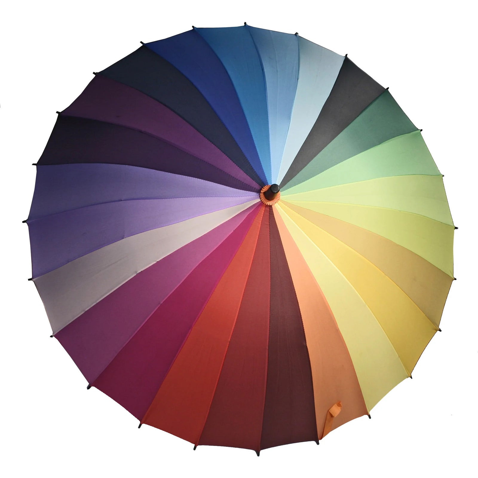 Add a rainbow of color to a rainy day with this delightful full sized 24 rib color spectrum umbrella. Rainbow Umbrella Features: Material: Polyester, Wood, Metal Packaging: Hangtag & PP Bag Size: 31.5”L x 38.5” Dia Open