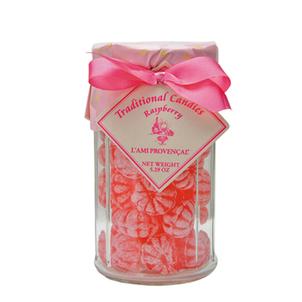 Made the traditional way, with no preservatives or artificial flavors, each raspberry flavored candy is shaped like a pin cushion and is bursting with raspberry flavor. L'Ami Provencal candy is packaged in a 12-sided glass jar with screw-on lid. Made in France 5.3 oz.