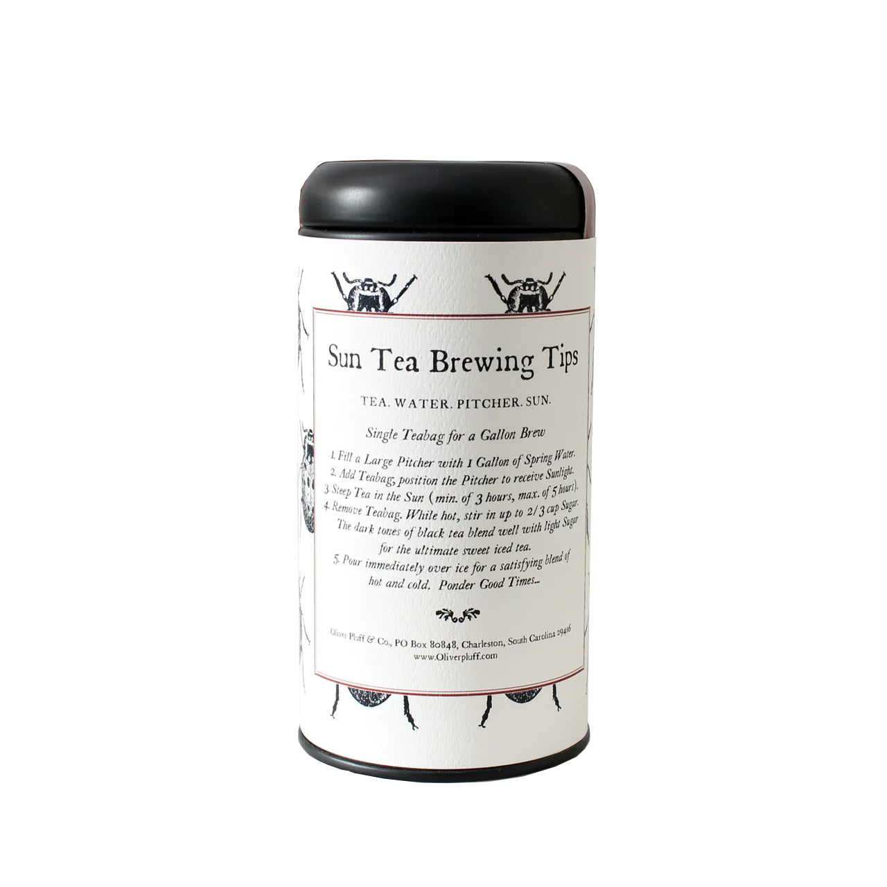 A cylindrical metal tin packaging for Oliver Pluff & Co Raspberry Sun Tea with illustrations of raspberries and tea leaves, and text detailing the product as Sun Tea Raspberry with 'brews 3 gallons' note.