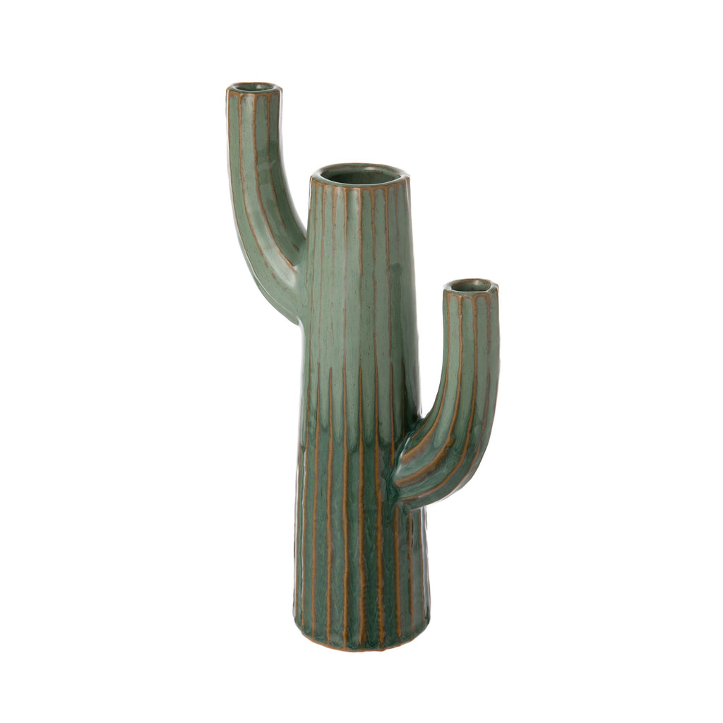 Whimsical, yet refined, this saguaro cactus ceramic vase has a double layer of glaze, giving it a three-dimensional luster. It has one large chamber to hold bigger flower arrangements, and two smaller chambers to easily create a layered flower display. Also looks great as a stand-alone, home decor piece. 11"x 6".