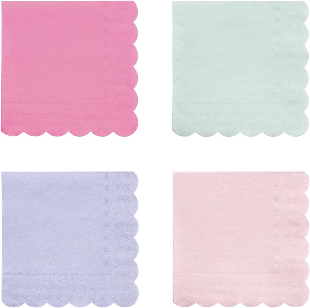 These beautiful paper napkins will add a pretty pop of color to any table setting or cocktail party. Pack contains 20 paper napkins in a range of pastel colors and are finished with stylish, scallop borders. 4 colors - bubblegum pink, soft violet, mint sorbet and candy pink 3 ply paper napkins. Napkin size 10" x 10".