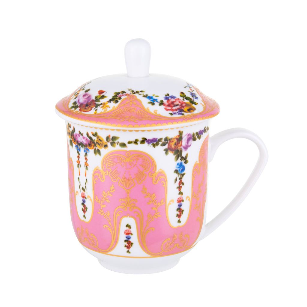 Beautifully designed with intricate details, this tea cup with lid was custom made for the Huntington Store. Inspired by the Sèvres collection on display at the Huntington Museum. Microwave and dishwasher safe 3 1/2" high Huntington signature "H" in pink on bottom of mug.