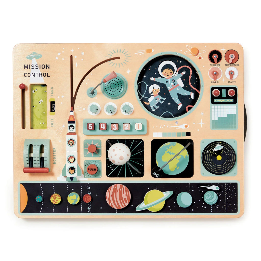 An intergalactic mission, all on one space station platform. An illustrated plywood board with lots of space rocket dashboard activities. A wheel can be turned at the side to reveal an ever-changing space scene, as if looking through the window into space. Made by Tender Leaf using sustainable and recyclable wood, 