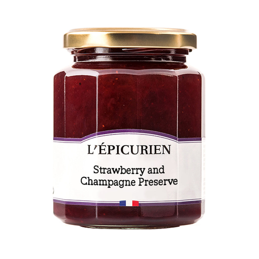 Sweet strawberries and dry champagne, two of our favorite things! Enjoy this perfect pair anytime with this delicious jam; spread it over a toasted baguette or croissant or spoon it over ice cream for a well-deserved treat. 11.3oz Made in France.