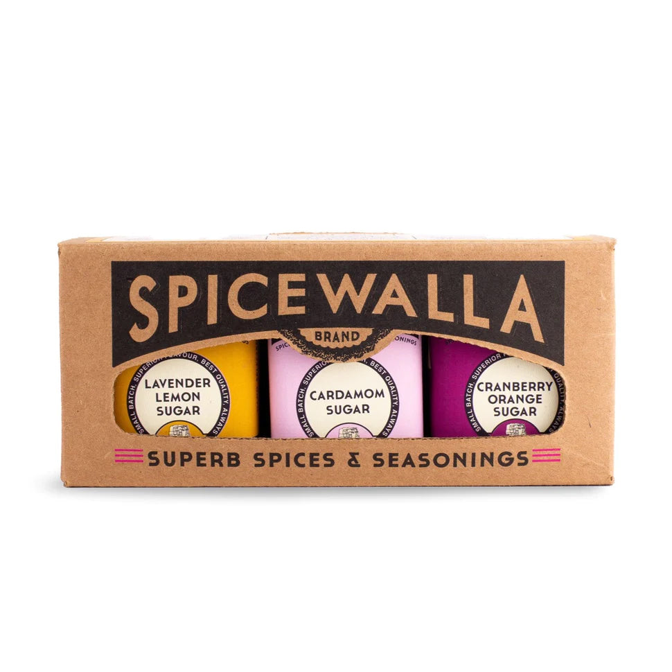 Add an elegant and flavorful touch to teas, trifles, and tortes with this small-batch produced, sugar and spice collection. Includes: Lavender lemon sugar, Cardamom sugar and Cranberry orange sugar mini tins. Each tin weighs 2.3 oz Blended in Asheville, North Carolina.