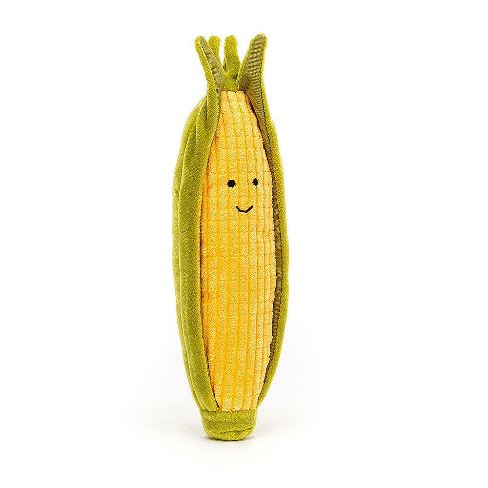 Absolutely a-maize-ing! Vivacious Vegetable Sweetcorn is all dressed up in fresh field fashion. Sunshine-yellow, with bobble-soft kernels, this cuddly cob wears a stretchy green husk jacket. Just the thing for the summer season! Size: 8" x 2" For all ages. Suitable from birth. Hand wash only.