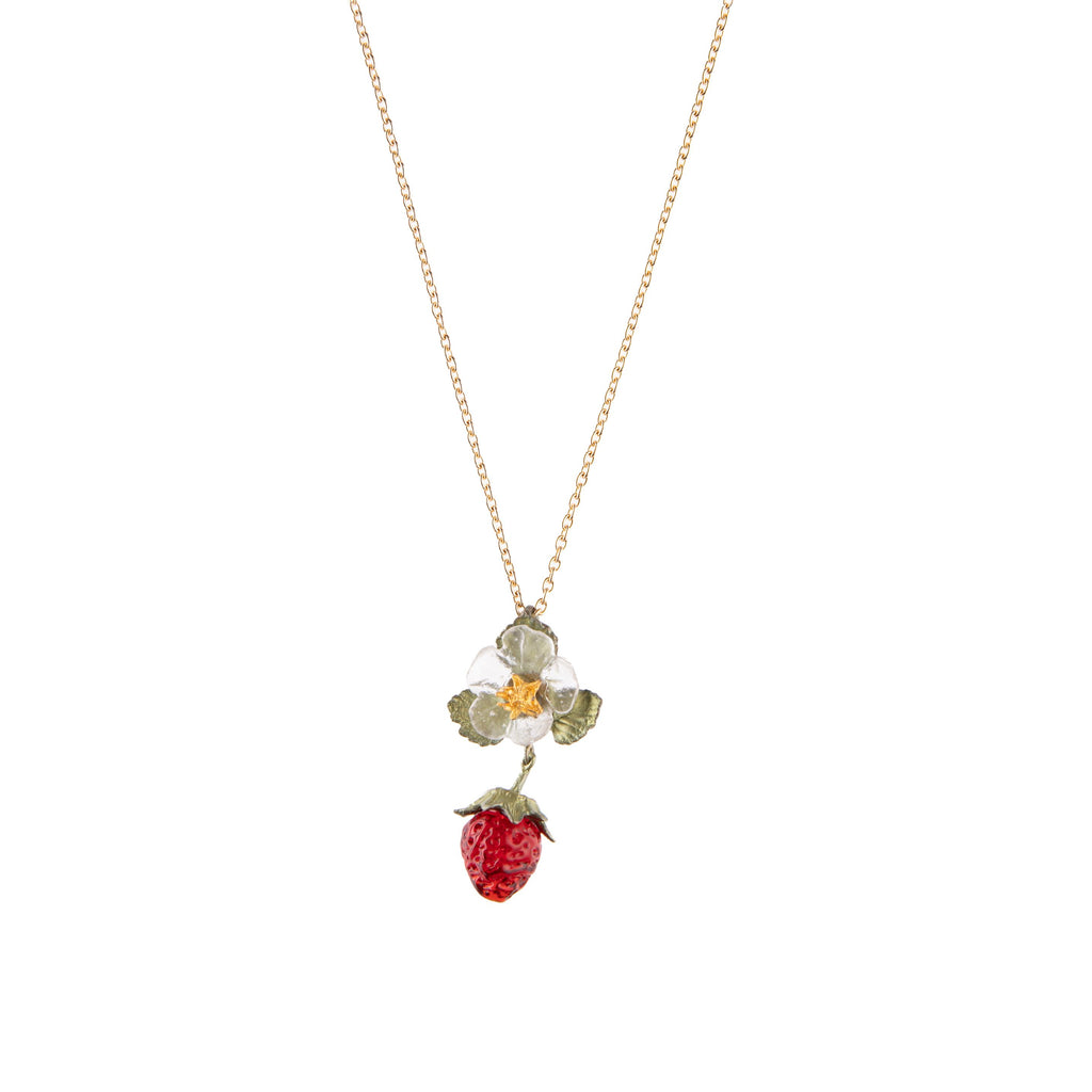  This strawberry pendant is cast in hand patinated bronze and accented with a flame-worked red glass berry and a white cast glass flower with a 24kt gold plated center. Size approx: Chain: 16" - 18" L (adjustable) Pendant: 1.51" L x 0.8" W Cast bronze and hand-worked glass with 24kt gold plating.