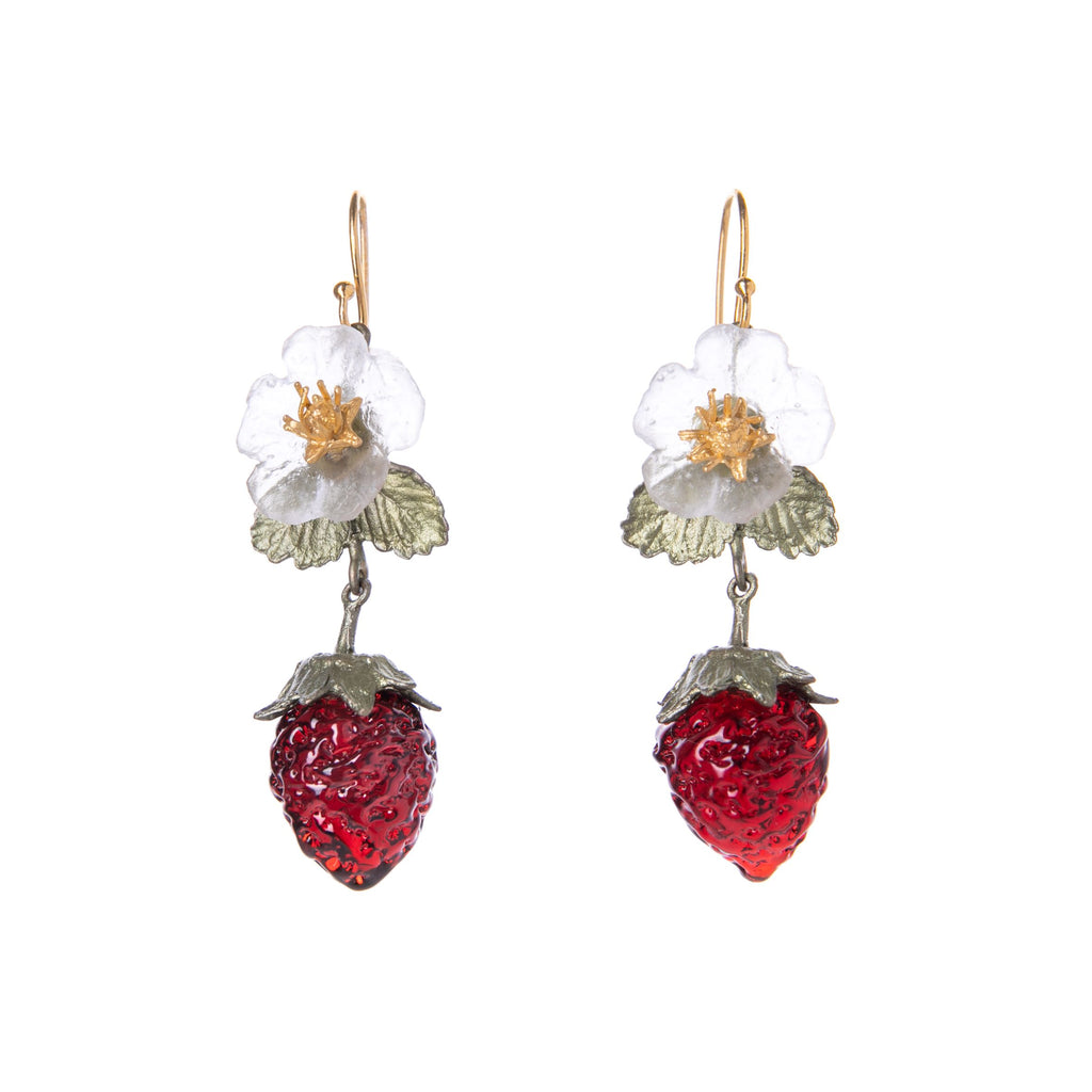 Capture the essence of sunny summer days with these beautiful strawberry blossom earrings. These earrings are cast in hand-patinated bronze and accented with flame-worked red glass berries and white cast glass flowers with 24kt gold plated centers.1.53" L x 0.64" W .Limited edition. Made in the USA.