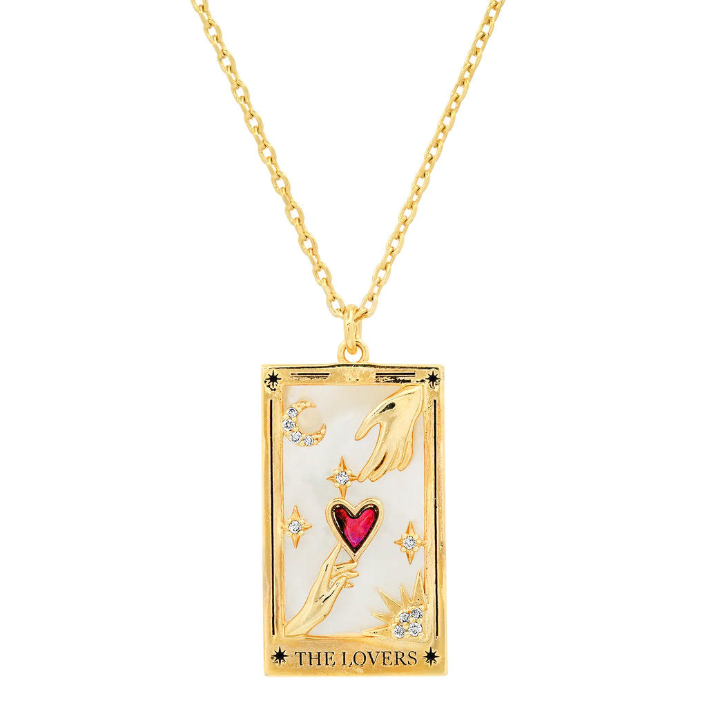 The Lovers Card represents conscious connections and meaningful relationships, both romantic and platonic. It highlights the importance of open and honest communication. This special edition tarot card necklace features a beautiful Mother of Pearl inlay. Gold-Plated Brass, Mother of Pearl, CZ Necklace length: 16"-18".