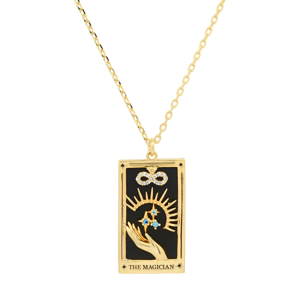 The Magician's outstretched hand shows his connection to both the spiritual and physical worlds. The Magician tarot card represents desire, creativity, manifestation, imagination, and inspired action. The message is to tap into one's full potential rather than holding back. Gold-Plated Brass, Onyx, CZ. Length: 16"-18".