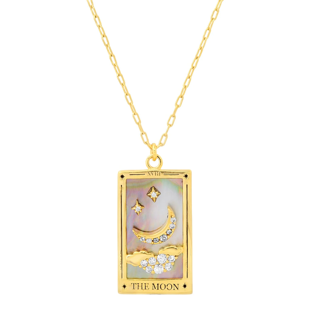 The Moon is a card of illusion and often represents a time when something is not as it appears to be. The moon's light can bring you clarity and understanding and you should allow your intuition to guide you through this darkness. Gold Plated Brass, Abalone, CZ Necklace length: 16-18 inches.