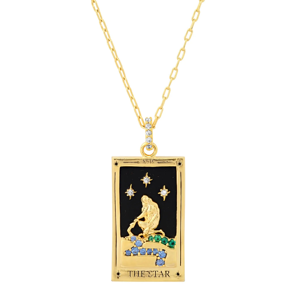 The Star card symbolizes the future, clarity of vision, and spiritual insight. When the Star card appears, you are likely to find yourself feeling inspired. It brings renewed hope and faith and a sense that you are truly blessed by the universe at this time. Gold-Plated Brass, Onyx, CZ Necklace length: 16-18 inches.