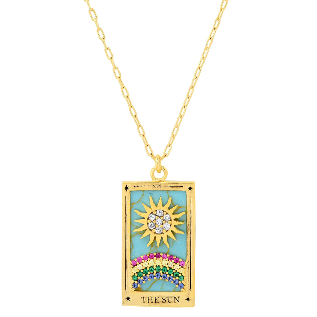 The Sun tarot card represents good fortune, happiness, harmony, and joy. It represents the universe coming together to propel you into something greater.  Gold-Plated Brass, Turquoise, CZ Necklace length: 16-18 inches.