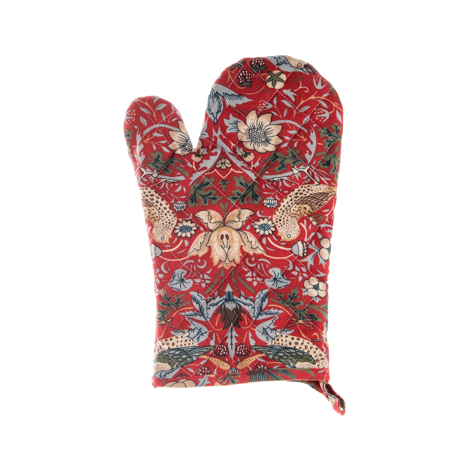 A blue oven mitt with the 'Strawberry Thief' textile pattern featuring birds and strawberries.