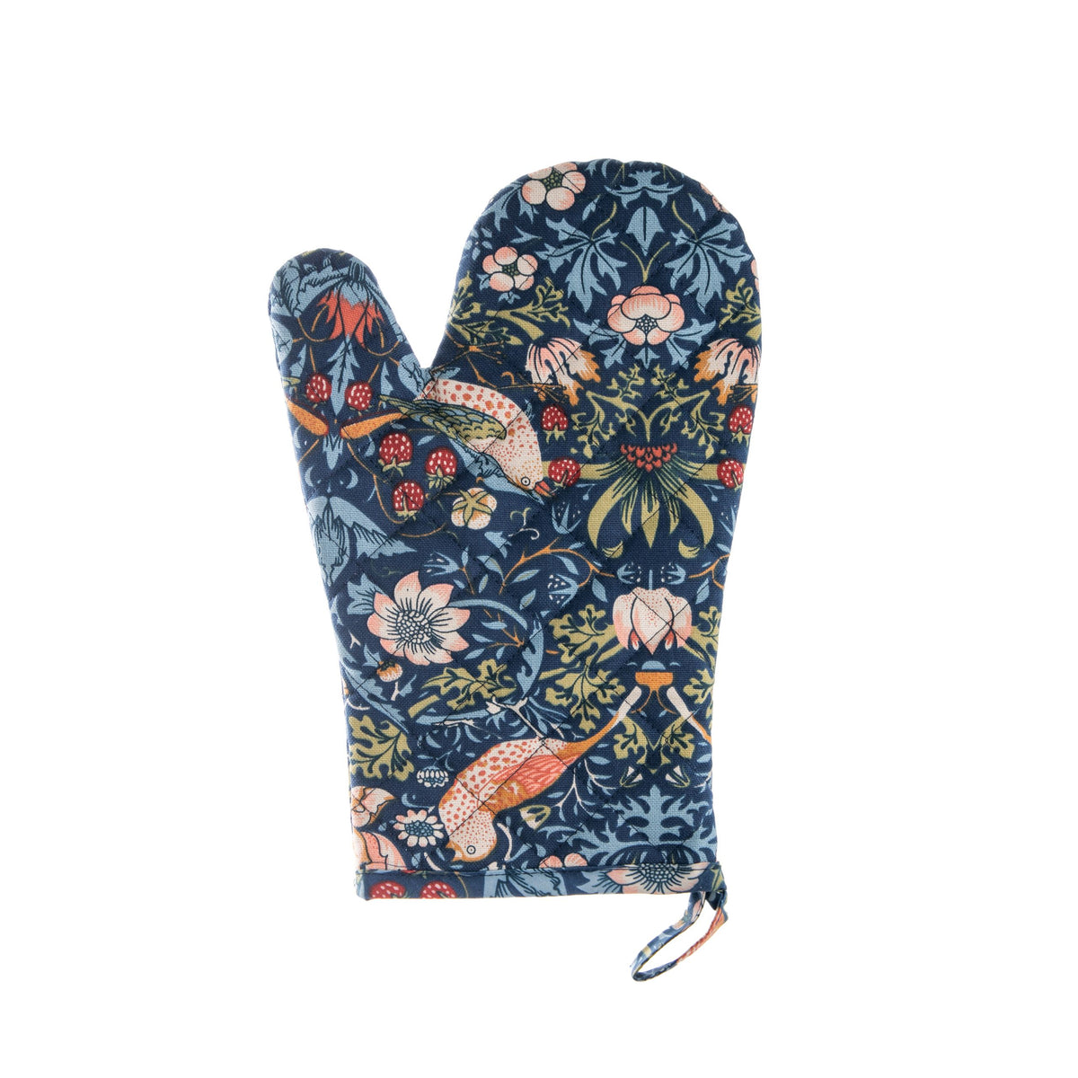 A blue oven mitt with the 'Strawberry Thief' textile pattern featuring birds and strawberries.