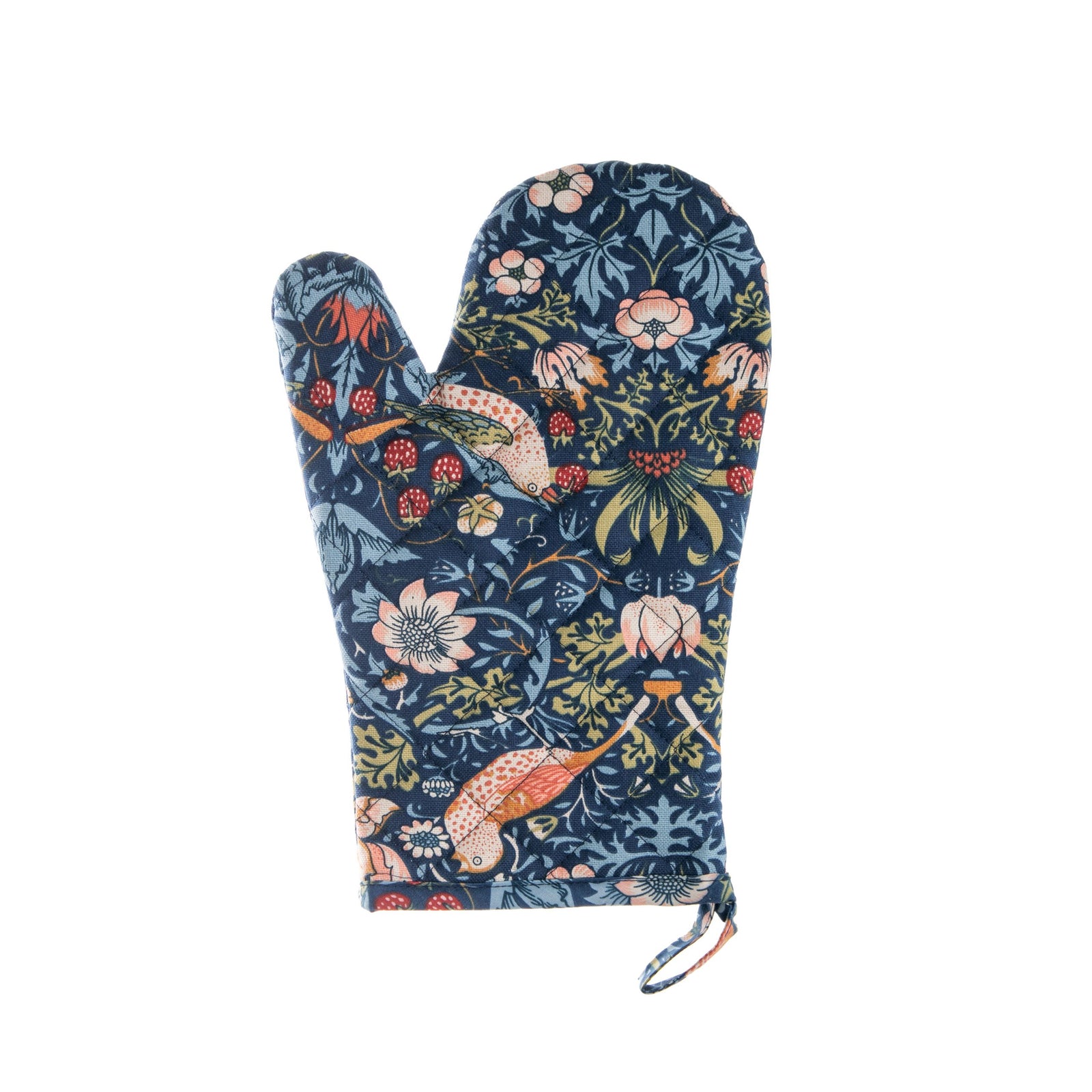 A blue oven mitt with the 'Strawberry Thief' textile pattern featuring birds and strawberries.