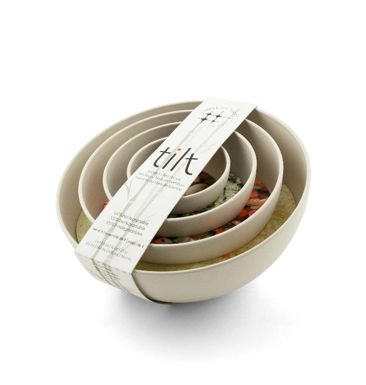 Showcase your party fare, entryway objects, and personal accessories in these 'tilt' bamboo fiber bowls. With their angled design, these bowls invite interaction and curiosity. Set of four bowls: 1x2oz, 1x6oz, 1x16oz, 1x32oz. Made from bamboo fiber 100% biodegradable Food safe, microwave safe, dishwasher safe BPA free.