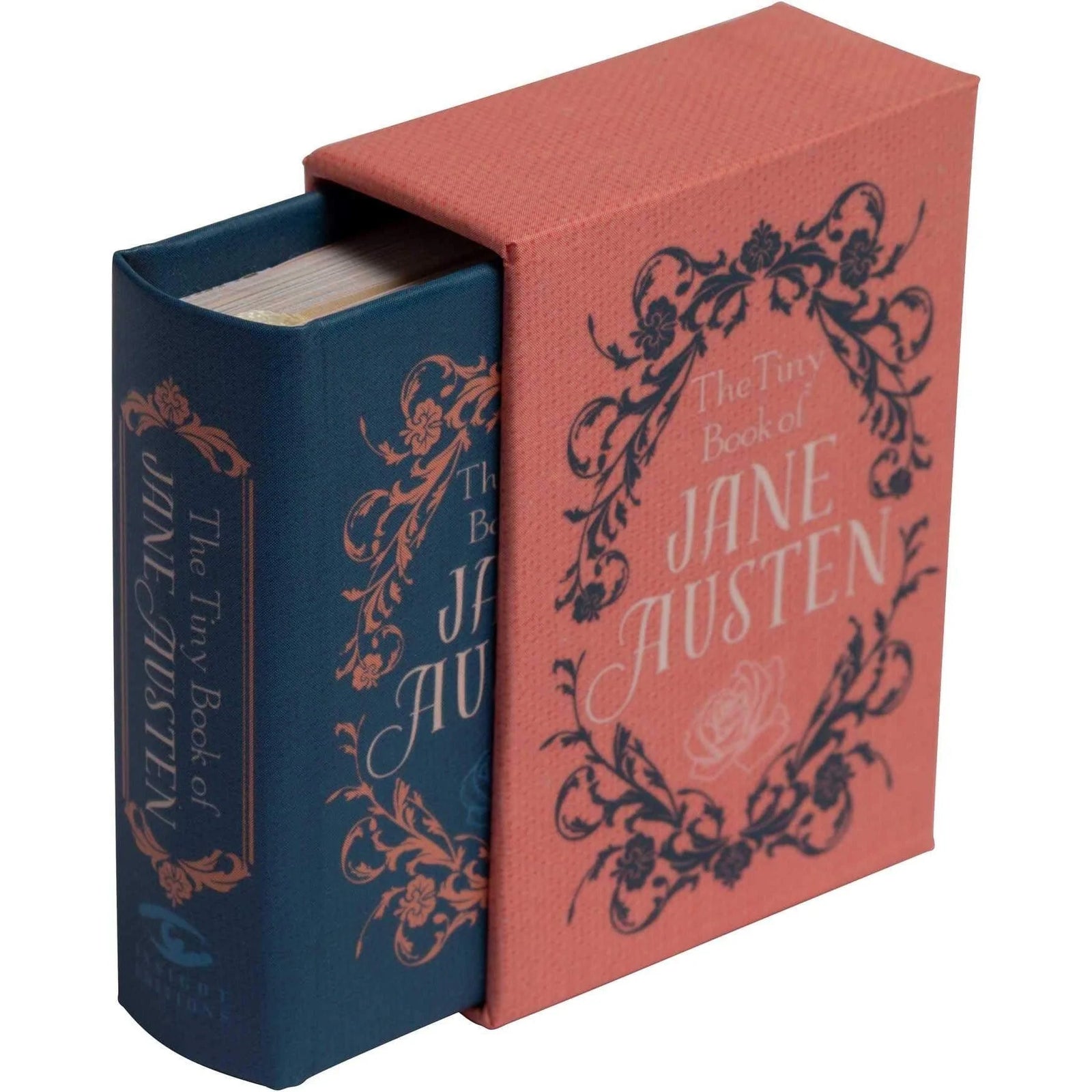 A small book titled 'The Tiny Book of Jane Austen' with a navy blue spine and a decorative red cover with floral patterns and the author's name.