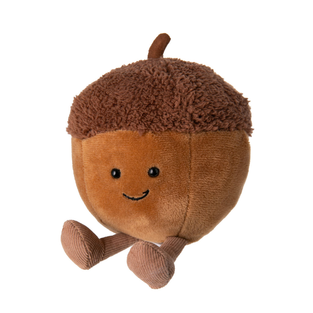 A round woodland rascal, Amuseable Acorn has nutty brown fur, with a fuzzy beret and fine suedey stalk! This affable acorn can't wait for autumn, and scoots round the forest on chocolate cord feet! SAFETY & CARE For all ages. Suitable from birth. Hand wash only. Size approx 4" x 4"
