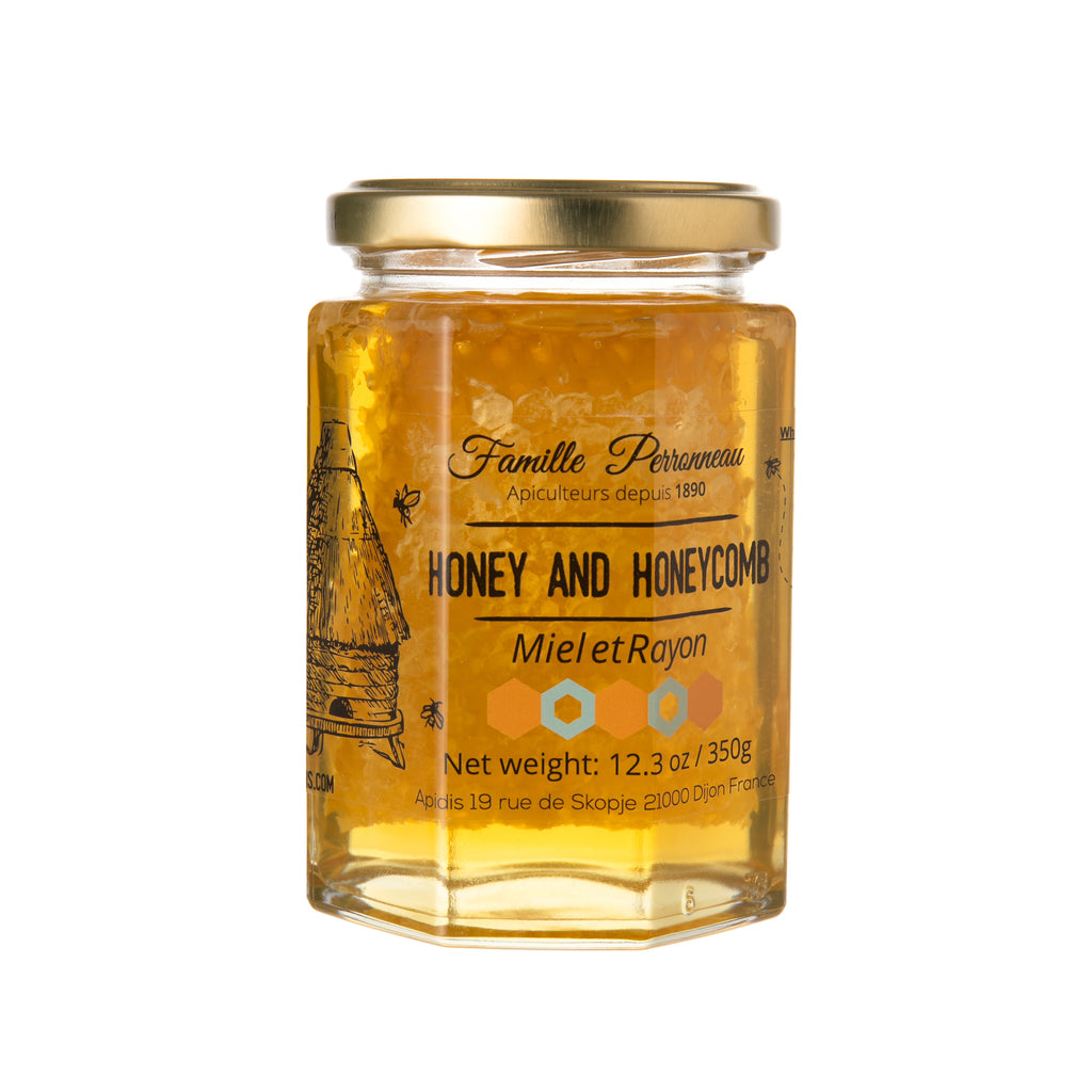 From hives located in Dijon, France, this acacia honey is harvested in the most natural way, without use of any chemicals, using age-old, bee friendly methods. Ingredients: Acacia honey with honeycomb Made in Dijon, France 12.3 oz