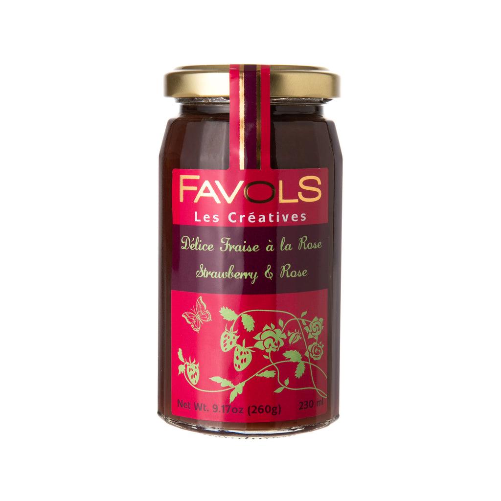 Decadent, sweet and super tasty - this fruit-rich Strawberry and rose petal jam from Favols is the perfect addition to any afternoon tea platter. Made in France 9.17 oz