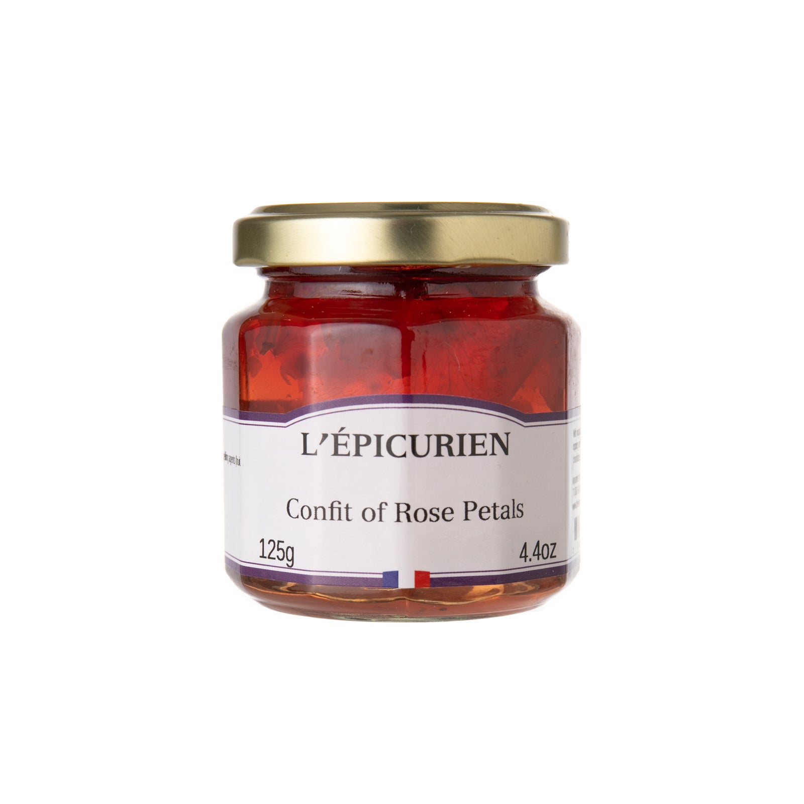 A jar of L'Épicurien Rose Petal Confit, with a label indicating it is a 4.4 oz product made in France.