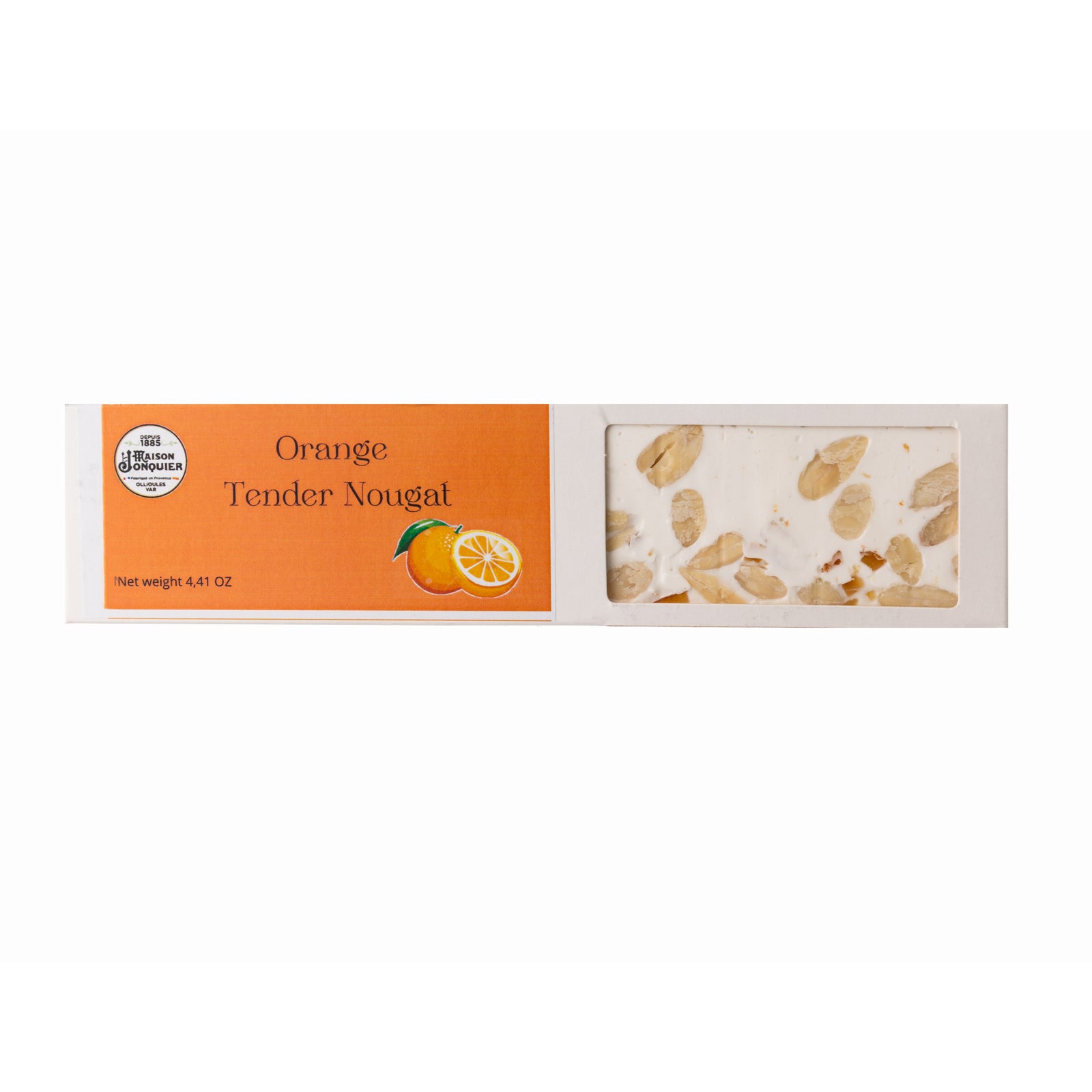 This delicious and indulgent orange nougat has been made by the Jonquier family in Provence, France since 1860.  Soft nougat with nuts and oranges Traditional recipe, made in Provence, France 4.41 oz