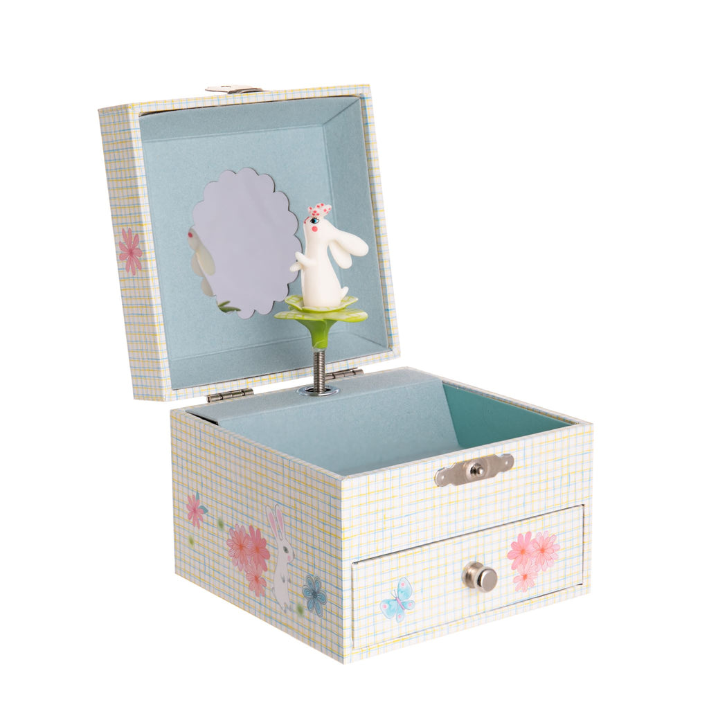 Everyone needs a place to store their treasures. This unique music box, featuring a cute bunny with a butterfly resting on its nose, will make a special gift and keepsake. Turn the crank, open the top, and it comes to life. Made from quality wood velvet, and metal.  4.1" x 4.1" x 3.3".