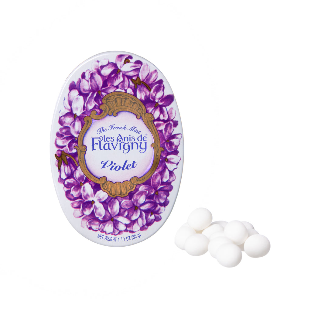 These traditional French mints were first made by the Benedictine monks of Flavigny, in Burgundy, France, several centuries ago, and they remain a French favorite today. Each mint is made of a green aniseed coated with layers of naturally violet flavored sugar. Packaged in a vintage style tin 1.8oz